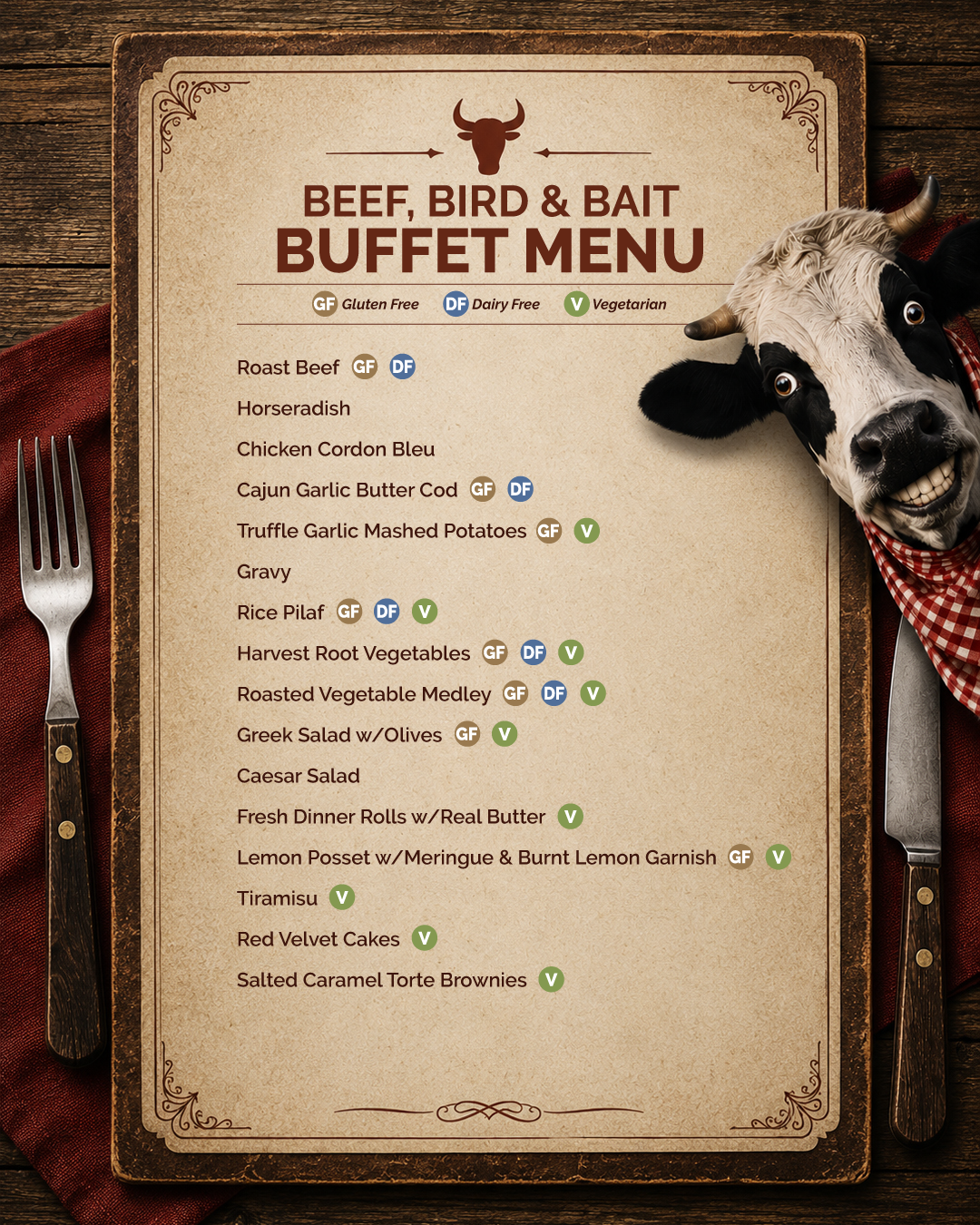 2026 Beef, Bird, and Bait Buffet Menu